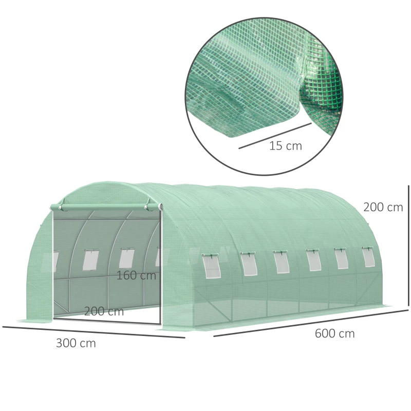 Outsunny Estufa Tipo Túnel 600x300x200 cm com Porta 12 Janelas Cobertura de PE 140g/㎡ para Cultivo de Plantas e Verduras Verde