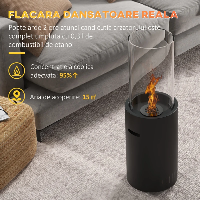HOMCOM Semineu cu Etanol fara Aerisire, Soba Semineu Independent cu Rezervor de 0,3L, Acoperire de Incalzire de 15 mp, Arde pana la 2 ore, Negru