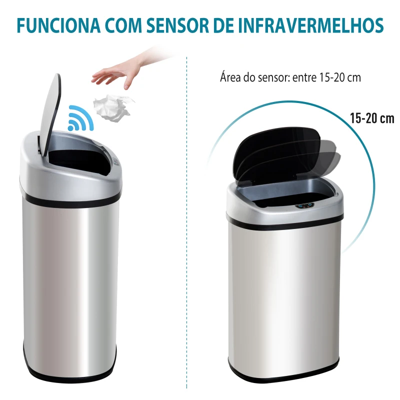 HOMCOM Balde de Lixo Inteligente de Aço Inoxidável 30L com Sensor Infravermelho de Abertura Automática 33x25x58 cm Prata e Preto