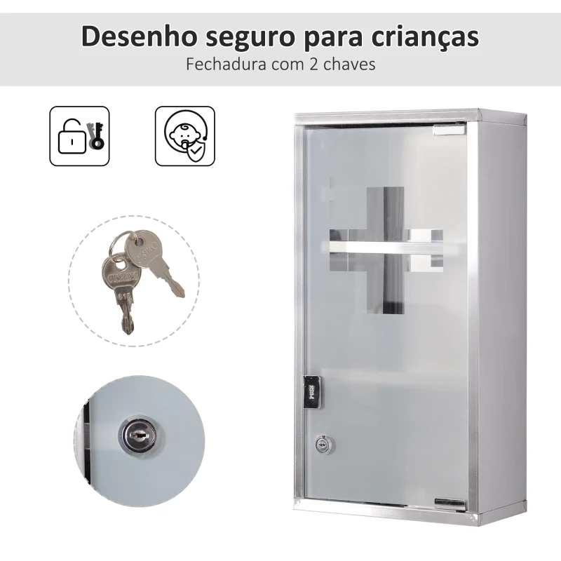 HOMCOM Armário de Medicamentos Armário de Primeiros Socorros de Aço Inoxidável com 3 Prateleiras e Fechadura 25x12x48 cm Prata