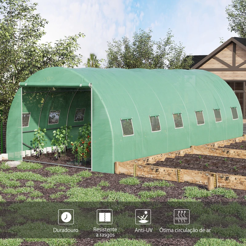 Outsunny Estufa Tipo Túnel 600x300x200 cm com Porta 12 Janelas Cobertura de PE 140g/㎡ para Cultivo de Plantas e Verduras Verde