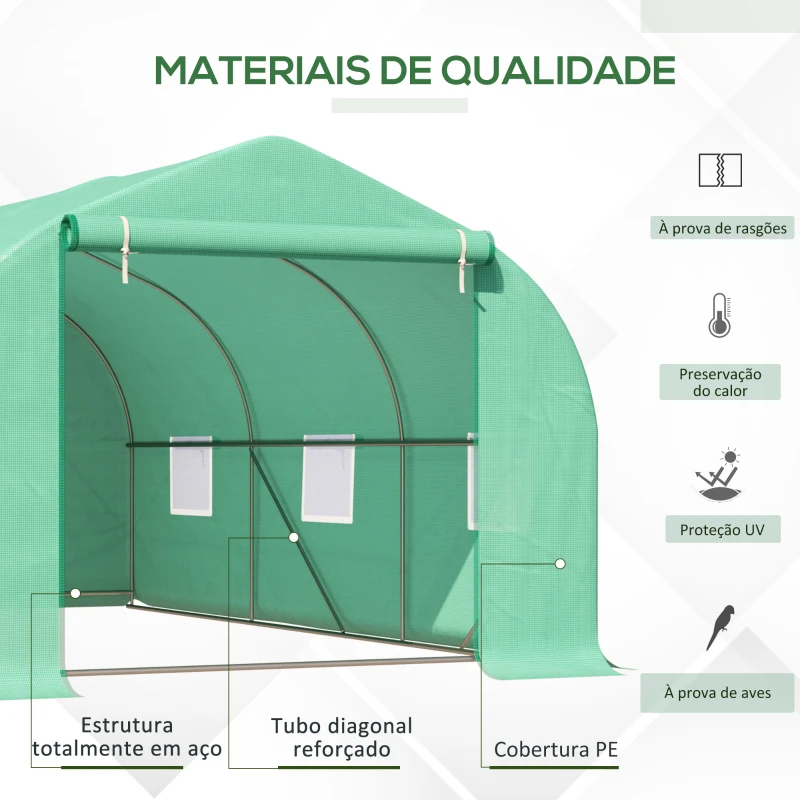 Outsunny Estufa Tipo Túnel 450x300x200 cm Estufa de Jardim com Porta e 6 Janelas Enroláveis Cobertura de PE e Aço Verde