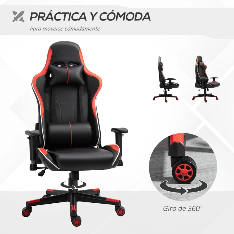 Vinsetto Silla Gaming Silla Racing Reclinable 160° Silla Gamer Altura Ajustable con Reposacabezas 70x60x128-138 cm Negro y Rojo