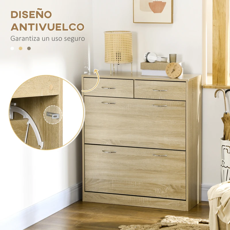 HOMCOM Mueble Zapatero Estrecho Armario de Zapatos con 2 Cajones Abatibles para 12 Pares de Zapatos 80x30x91,5 cm Roble