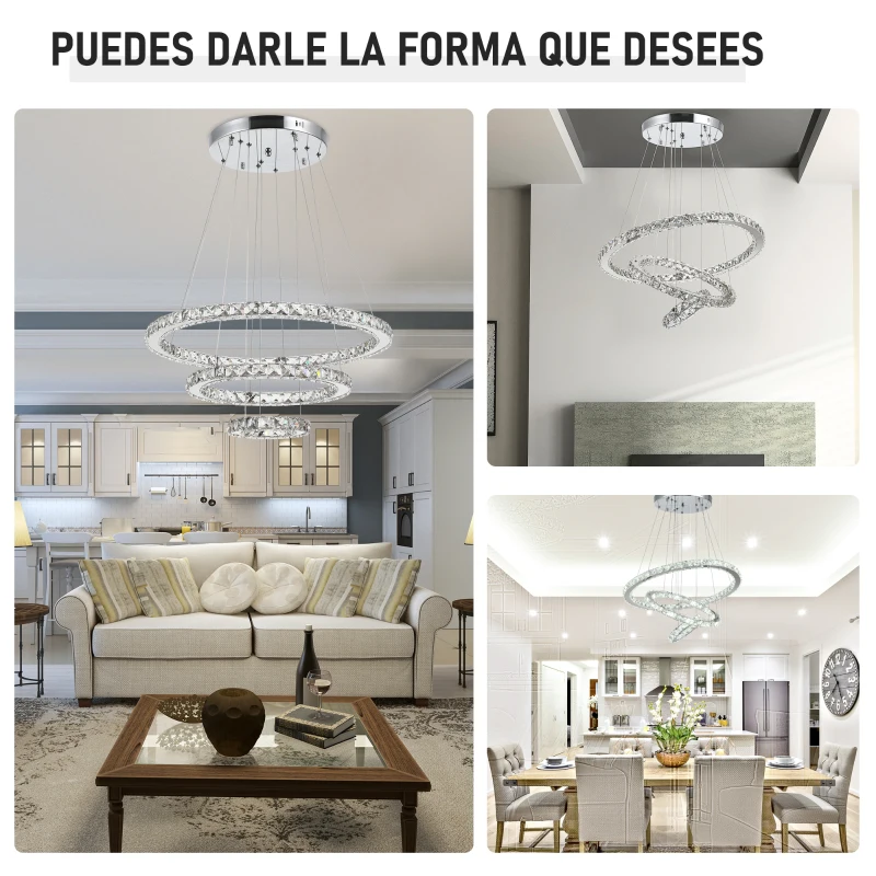 HOMCOM Lámpara de Araña de Cristal Moderna Lámpara Colgante LED 40W con 3 Anillos Ángulo Ajustable y Control Remoto 4000K Luz Blanco para Salón Comedor Ø60x110 cm