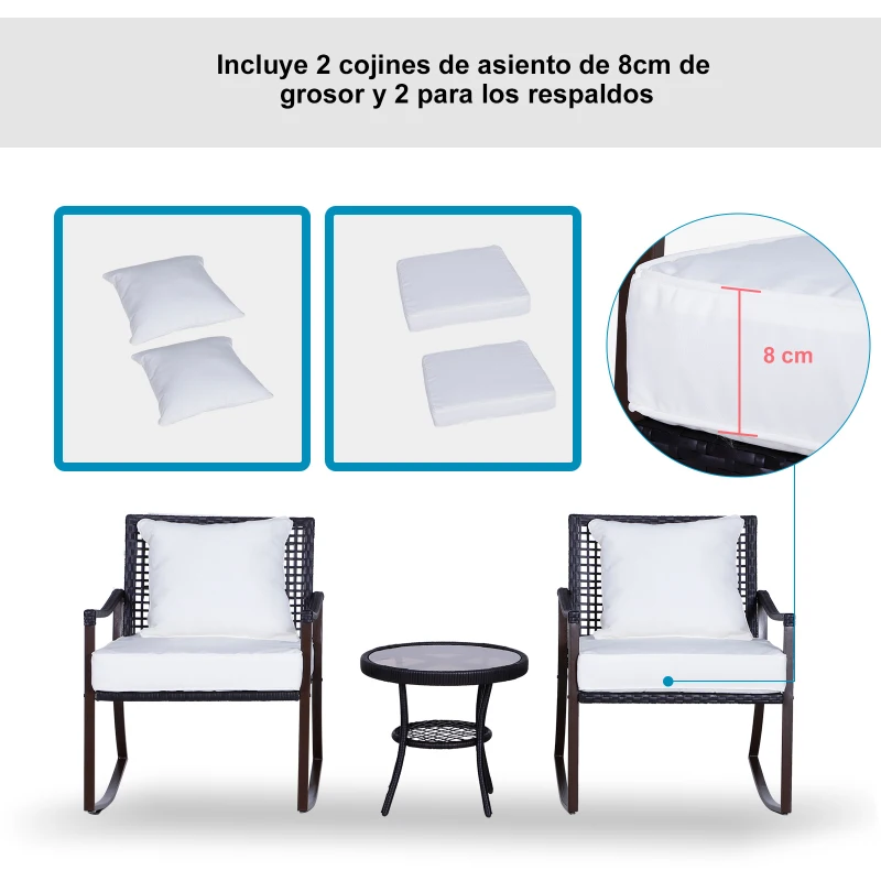 Outsunny Conjunto de Muebles de Ratán para Jardín Patio Hotel con Mesa Ø51x46 cm y 2 Sillas Mecedoras 65,5x76x82,5 cm con Cojines Lavables y Almohadas Blanco y Marrón