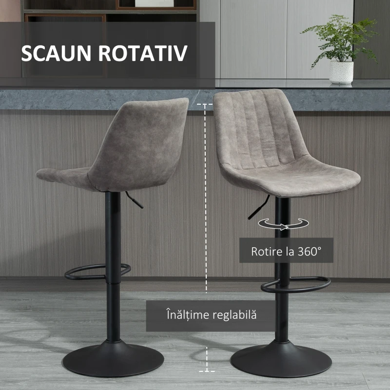 HOMCOM Set de 2 scaune de bar in stil industrial cu spatar din microfibra, suport pentru picioare si inaltime reglabila gri