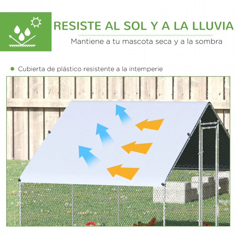 PawHut Gallinero para Exterior 3x2x2 m Jaula para Gallinas de Acero Galvanizado con Cubierta de PE y Cerradura Plata(m-4)
