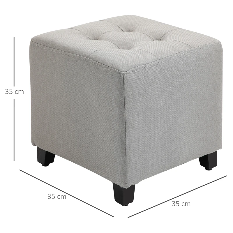 HOMCOM Taburete Bajo Otomana Reposapiés Acolchado con Patas de Madera Maciza Diseño de Botones 35x35x35 cm Gris Claro