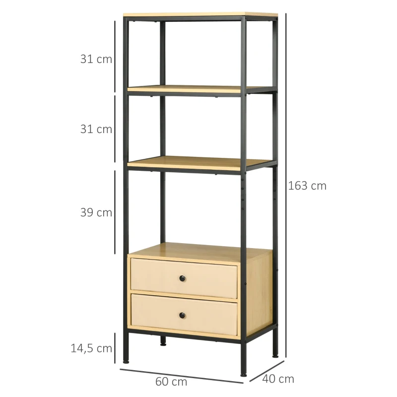 HOMCOM Estantería de 4 Niveles Estantería para Salón Moderno con 2 Cajones de Tela no Tejida y Marco de Acero 60x40x163cm Roble
