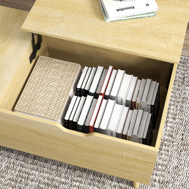 HOMCOM Mesa de Centro Elevable Mesita de Salón con Cajón Compartimento Oculto y Patas de Madera para Oficina 98x54x48cm Natural