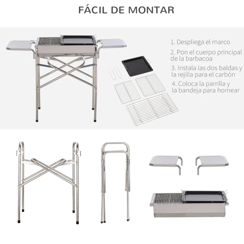 Outsunny Barbacoa de Carbón Portátil de Acero Inoxidable con 2 Estantes Laterales Bandeja y Parillas al Aire Libre para BBQ Camping Senderismo Picnics 104x30x68 cm Plata