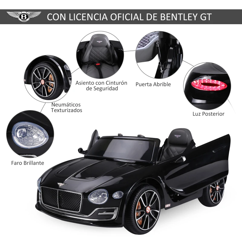 HOMCOM Coche Eléctrico para Niños Bentley GT Coche de Batería para Niños de +3 Años Velocidad 2,5-5 km/h 108x60x43 cm Negro