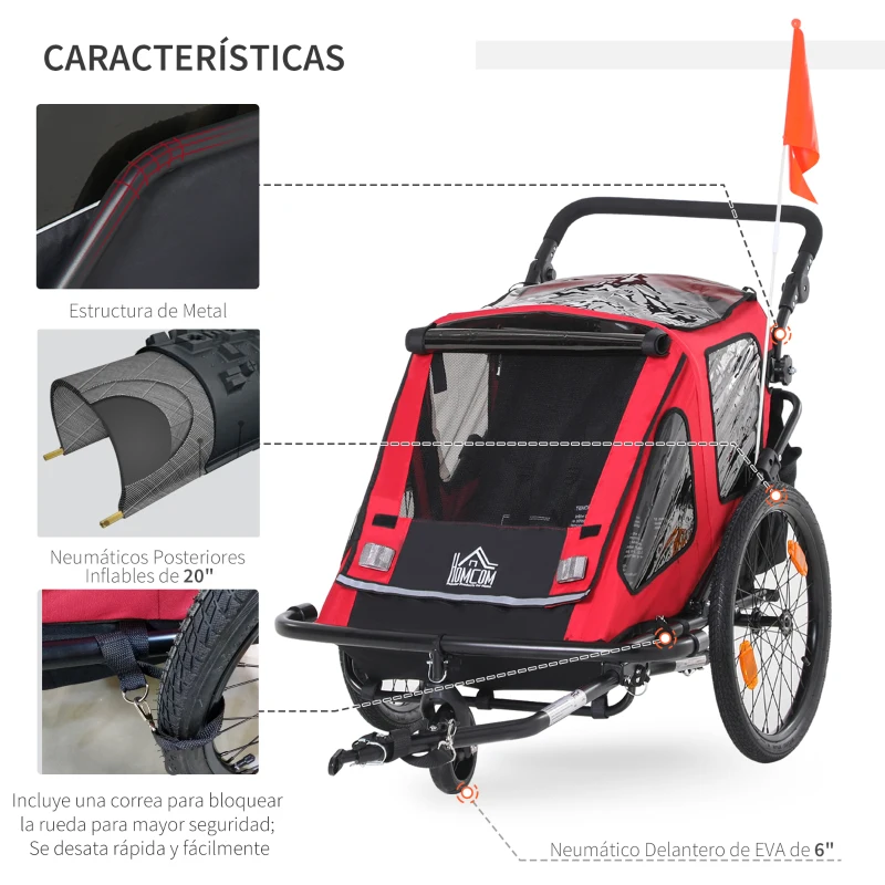 HOMCOM Remolque de Bicicleta 2 en 1 para Niños +18 Meses Plegable Cochecito de Paseo de 2 Plazas con Manillar Ajustable en Altura Bandera y Reflectores 160x83x96 cm Rojo