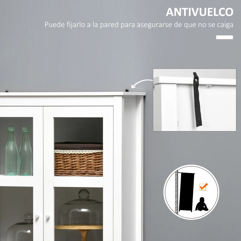 HOMCOM Vitrina de Salón Aparador de Cocina con 2 Puertas de Vidrio 3 Estantes 2 Cajones para Comedor Oficina 80x40x160cm Blanco