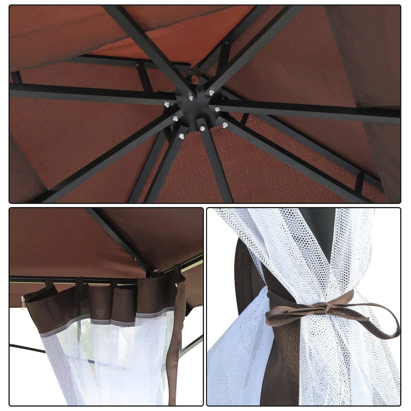 Outsunny Cenador de Jardín 3x3m Pabellón con Doble Techo y Mosquiteras Laterales con Cremallera Buena Ventilación Gazebo para Terraza Eventos Fiestas Bodas Marrón y Blanco