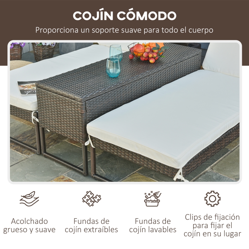 Outsunny Conjunto de 2 Tumbonas de Jardín con Cojines Acolchados Ratán con Mesa Auxiliar para Piscina o Terraza Carga 160 kg 195x60x86 cm Acero Marrón