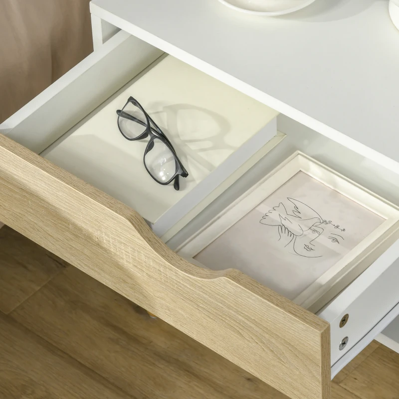 HOMCOM Set de 2 Mesitas de Noche Mesa Auxiliar Mesillas de Noche con Cajón y Estante de Almacenamiento para Dormitorio Salón Cama Oficina Estilo Moderno 50x39x51 cm Blanco y Roble
