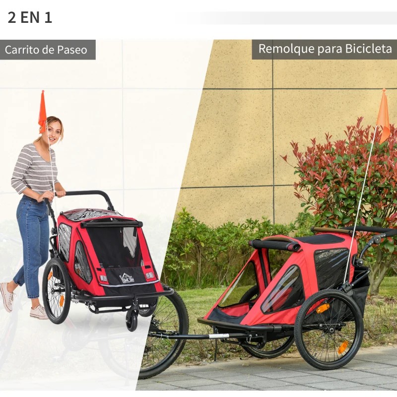HOMCOM Remolque de Bicicleta 2 en 1 para Niños +18 Meses Plegable Cochecito de Paseo de 2 Plazas con Manillar Ajustable en Altura Bandera y Reflectores 160x83x96 cm Rojo