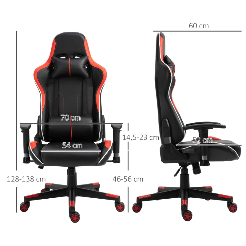 Vinsetto Silla Gaming Silla Racing Reclinable 160° Silla Gamer Altura Ajustable con Reposacabezas 70x60x128-138 cm Negro y Rojo