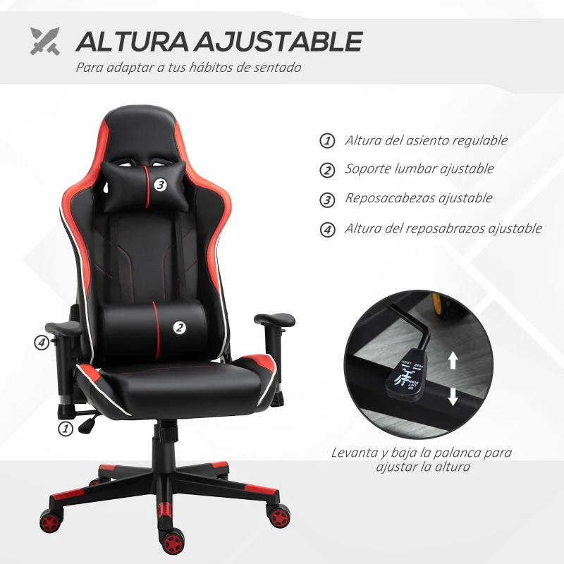 Vinsetto Silla Gaming Silla Racing Reclinable 160° Silla Gamer Altura Ajustable con Reposacabezas 70x60x128-138 cm Negro y Rojo