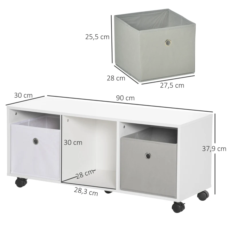 HOMCOM Organizador de Juguetes con 5 Ruedas 3 Cubos de Almacenamiento y 2 Cajones de Tela Extraíbles 90x30x37,9 cm Blanco