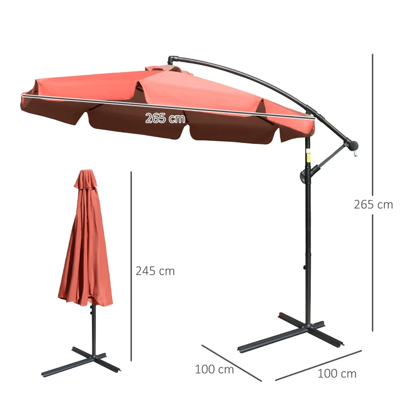Outsunny Sombrilla de Jardín Ø265 cm Parasol Excéntrico con Techo Inclinable Manivela 8 Costillas de Metal y Base Cruzada Protección Solar para Terraza Balcón Exterior Rojo Vino