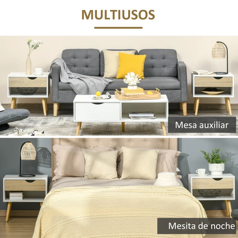HOMCOM Set de 2 Mesitas de Noche Mesa Auxiliar Mesillas de Noche con Cajón y Estante de Almacenamiento para Dormitorio Salón Cama Oficina Estilo Moderno 50x39x51 cm Blanco y Roble