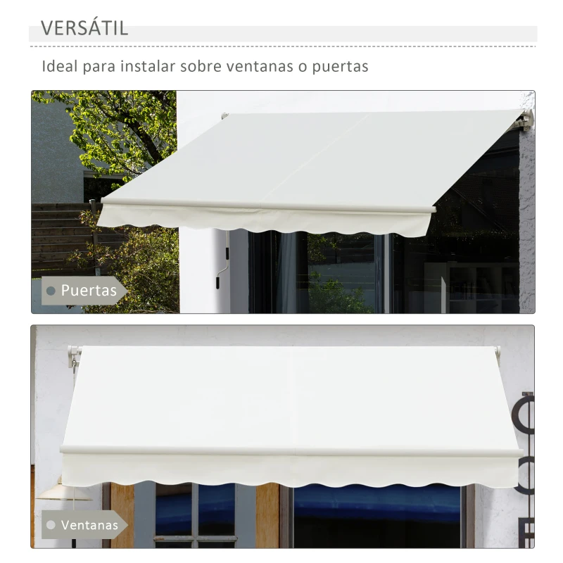 Outsunny Toldo Manual 395x245 cm con Manivela Toldo Balcón Patio Terraza de Aluminio y Tejido Poliéster 280 g/m² Anti-UV Blanco
