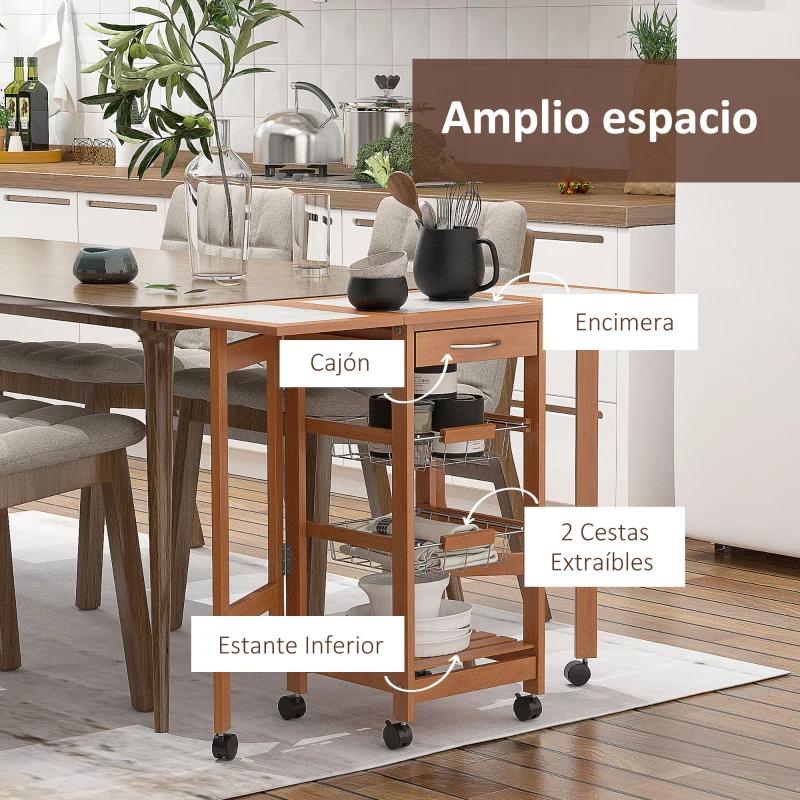 HOMCOM Mesa Auxiliar Cocina 91x37x75 cm Plegable 6 Ruedas 1 Cajón 2 Cestas Carrito Servicio Pino Metal Cromado