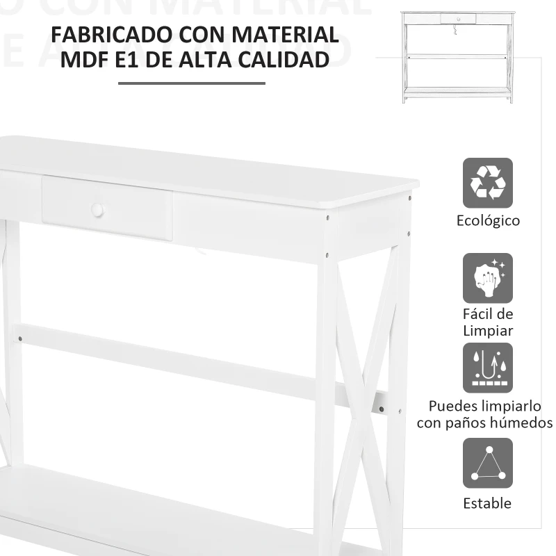 HOMCOM Mesa de Consola de Madera Mesa de Entrada con 1 Cajón y 1 Estante de Almacenaje para Pasillo Salón 100x30x81cm Blanco