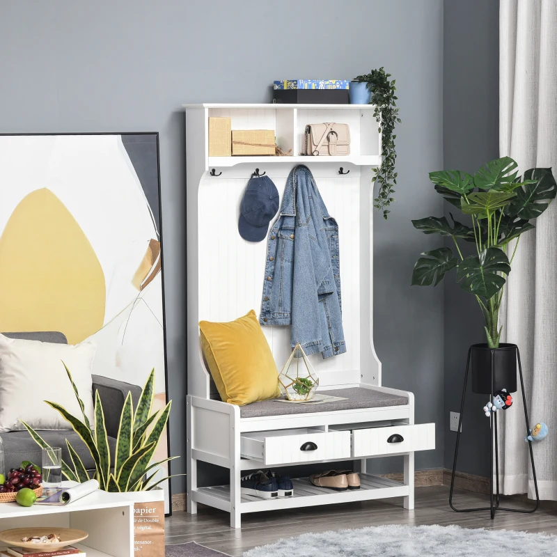 HOMCOM Perchero Zapatero con Banco 4 Ganchos 2 Compartimentos Abiertos 2 Cajones Extraíbles y Estante Inferior Moderno para Recibidor Entrada 89x42x172 cm Blanco