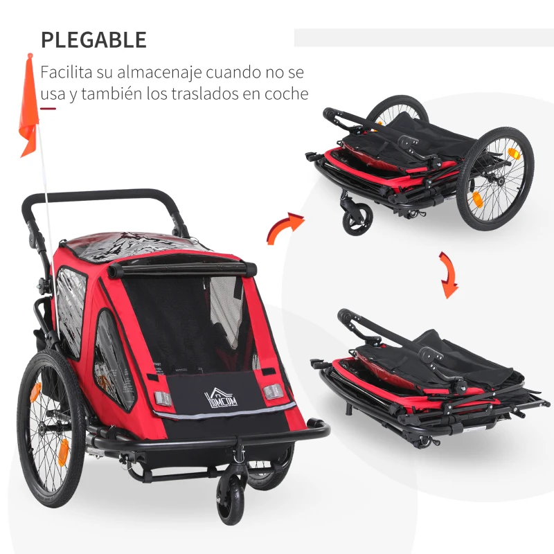 HOMCOM Remolque de Bicicleta 2 en 1 para Niños +18 Meses Plegable Cochecito de Paseo de 2 Plazas con Manillar Ajustable en Altura Bandera y Reflectores 160x83x96 cm Rojo