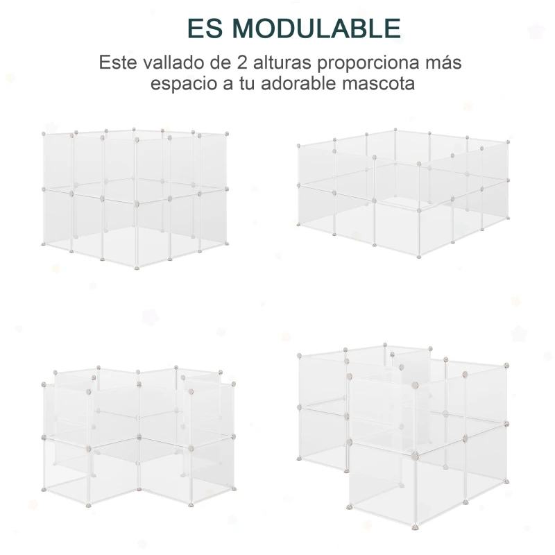 PawHut Valla para Mascotas, Jaula Modular, Recinto Interior de Plástico Transparente con 12 Paneles, 24 Conectores, para Conejos, Cobayas, Chinchillas, 105x105x45 cm, Blanco