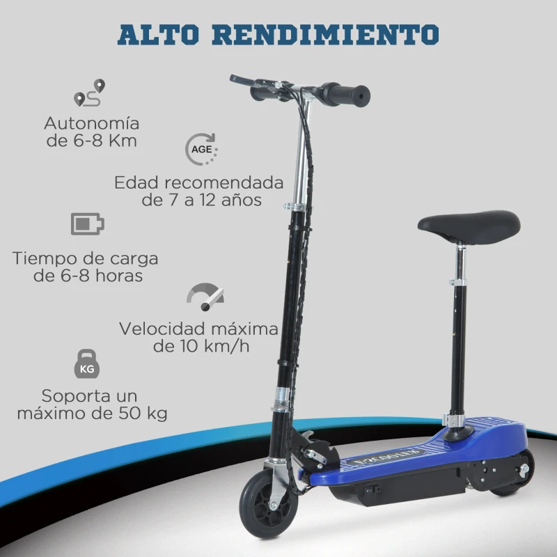 HOMCOM Patinete Eléctrico para Niños Scooter Eléctrico Plegable 120W con Manillar Ajustable Velocidad 10 km/h 78x37x99 cm Azul