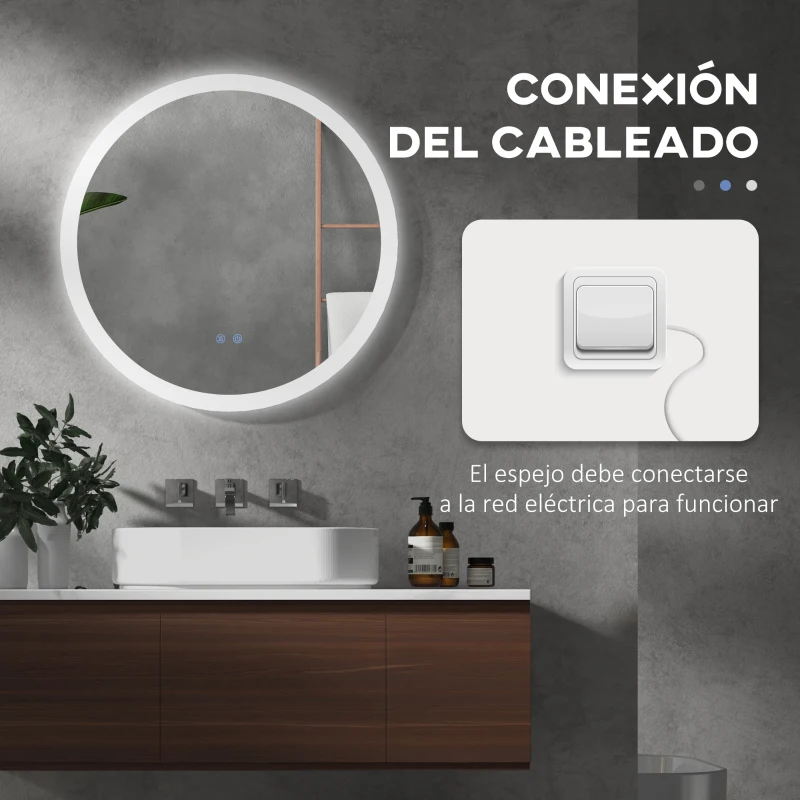 kleankin Espejo de Baño Redondo con Luces LED 70x70cm Espejo Antivaho 3 Luces de Colores Función de Memoria Interruptor Táctil