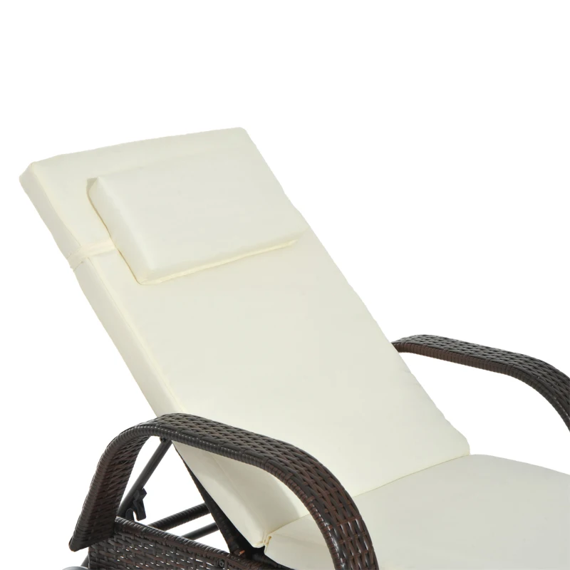 Outsunny Tumbona de Ratán de Jardín Chaise Longue con Respaldo Ajustable en 5 Posiciones Cojines Acolchados Reposacabezas y 2 Ruedas Carga 160 kg 200x73x30-103 cm Crema y Marrón