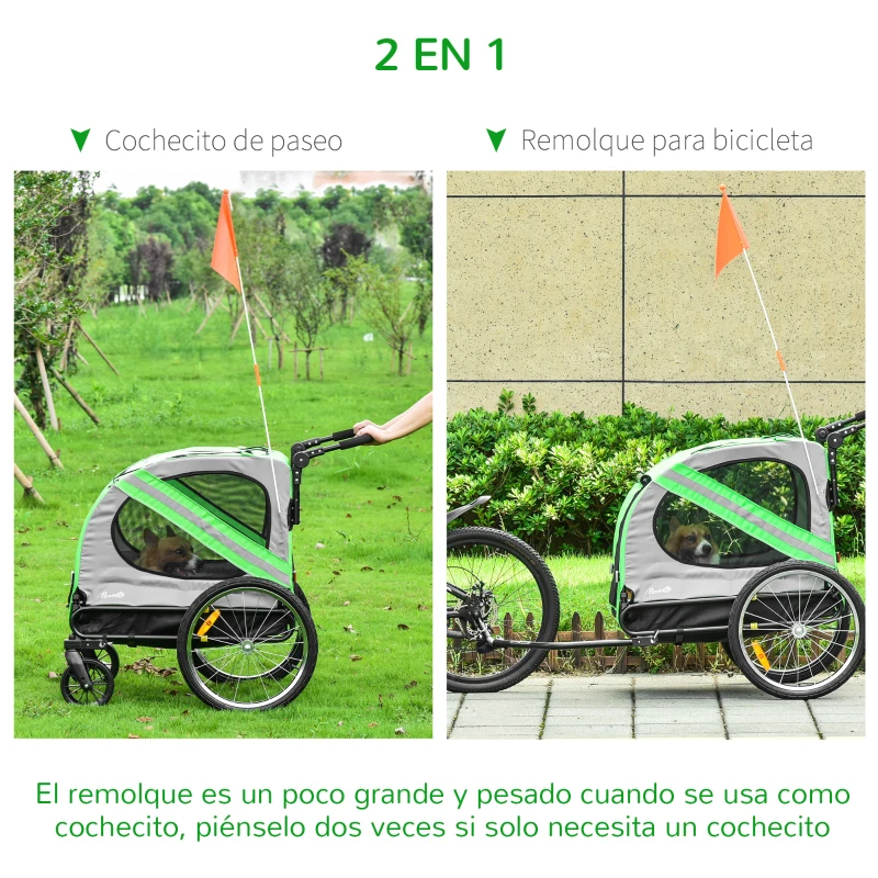 PawHut Remolque de Bicicleta para Perros 2 en 1 con Puertas Enrollables Cinturón de Seguridad Carga 30 kg 140x72,5x108 cm Verde