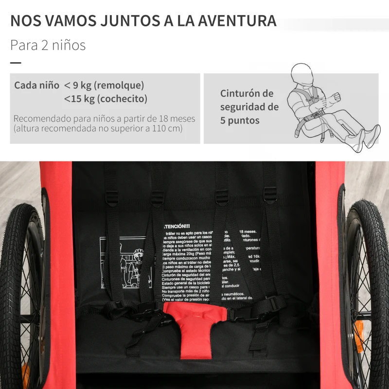 HOMCOM Remolque de Bicicleta 2 en 1 para Niños +18 Meses Plegable Cochecito de Paseo de 2 Plazas con Manillar Ajustable en Altura Bandera y Reflectores 160x83x96 cm Rojo