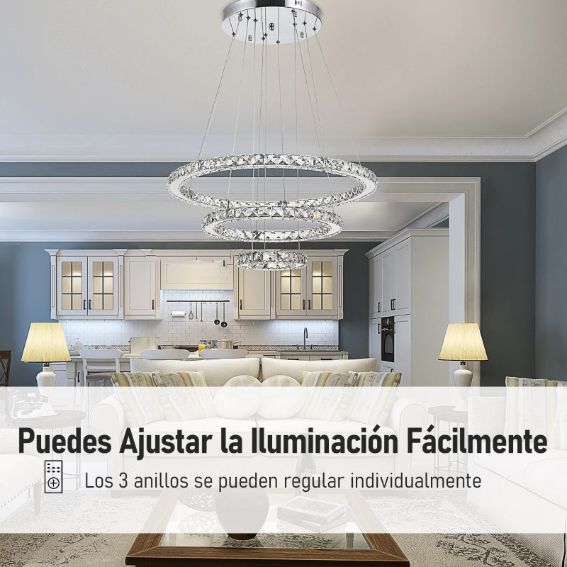 HOMCOM Lámpara de Araña de Cristal Moderna Lámpara Colgante LED 40W con 3 Anillos Ángulo Ajustable y Control Remoto 4000K Luz Blanco para Salón Comedor Ø60x110 cm