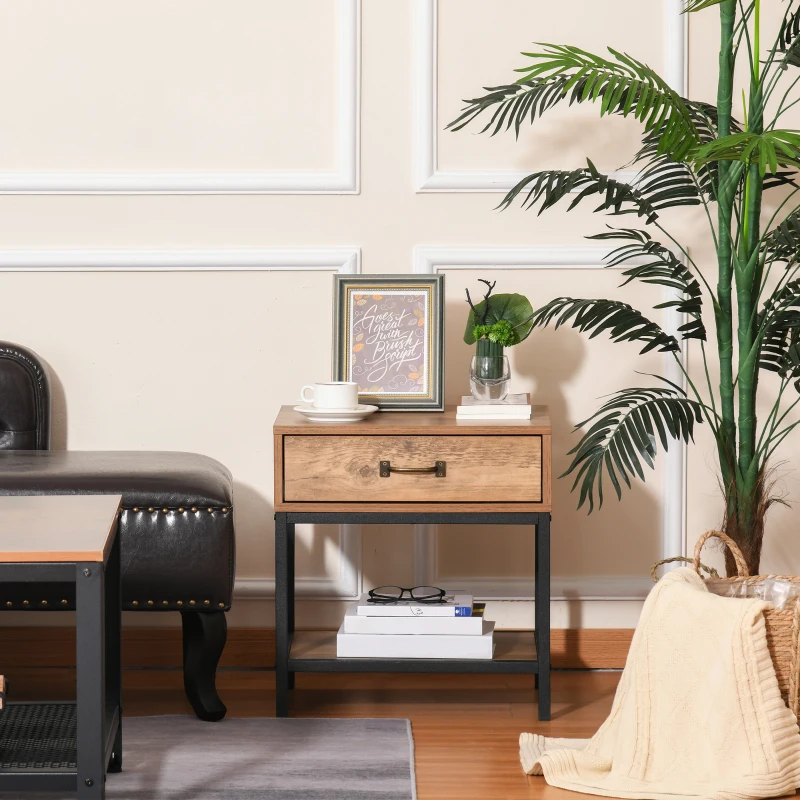 HOMCOM Mesita de Noche Mesilla de Noche con Cajón y Estante Abierto Estilo Industrial Mesa Auxiliar para Dormitorio Sala 48x40x51,5 cm Teca y Negro