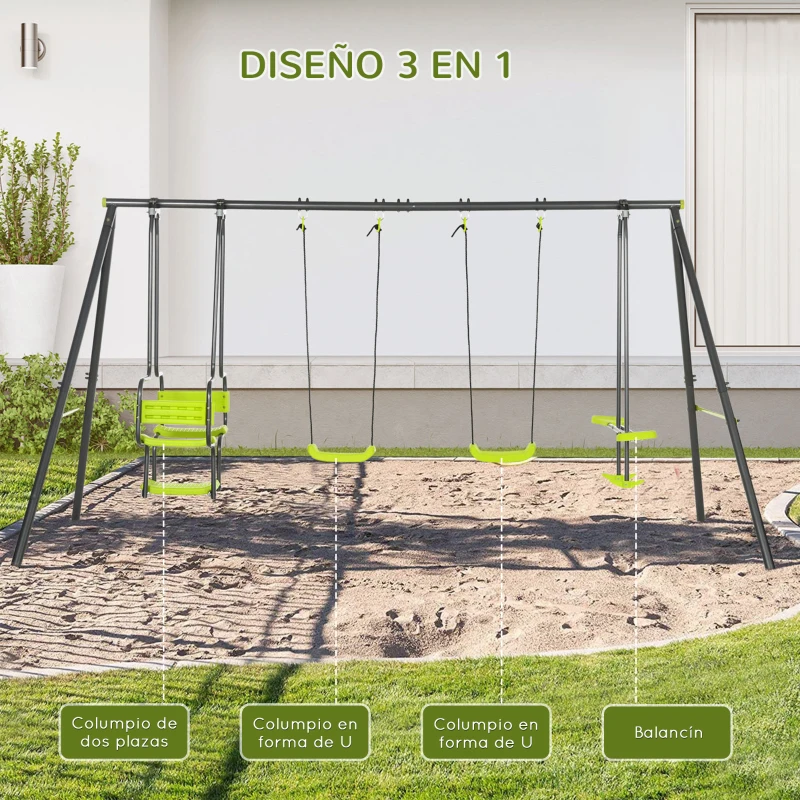 Outsunny Columpio Infantil para Exterior con 6 Asientos con Marco de Acero para +3 Años 355x184x186 cm Verde