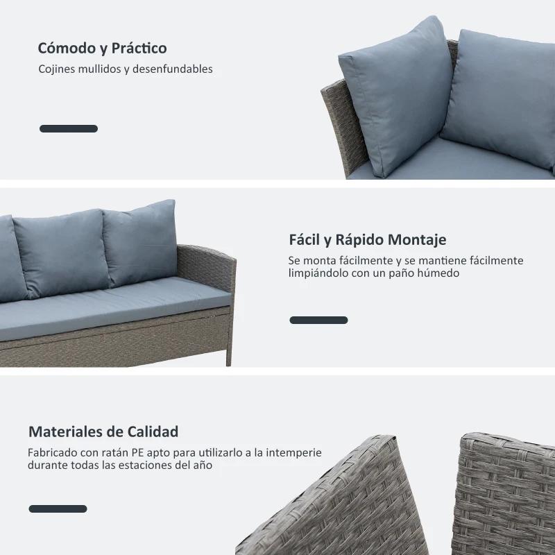 Outsunny Conjunto de Jardín de Ratán Sintético con Sofá Esquinero de 2 Módulos Banco y Mesa con Encimera de Cristal Gris