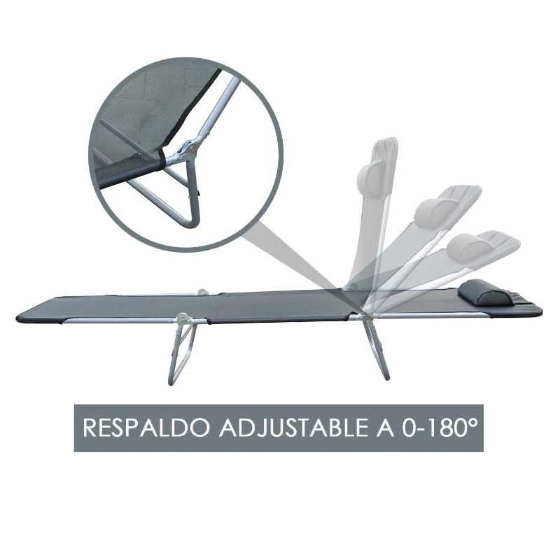 Tumbona Inclinable Plegable para Jardin Playa o Piscina con Almohada Acero y Textilene 182x56x24.5 cm Negro