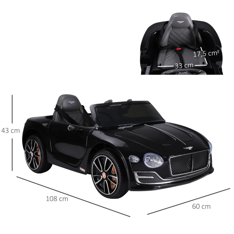HOMCOM Coche Eléctrico para Niños Bentley GT Coche de Batería para Niños de +3 Años Velocidad 2,5-5 km/h 108x60x43 cm Negro