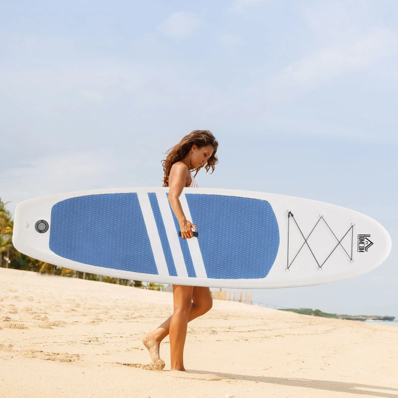 HOMCOM Tabla de Paddle Surf Hinchable 305x80x15 cm con Remo de Aluminio Ajustable Desmontable Cubierta Antideslizante y Accesorios Completos Carga Máx. 120 kg Azul y Blanco