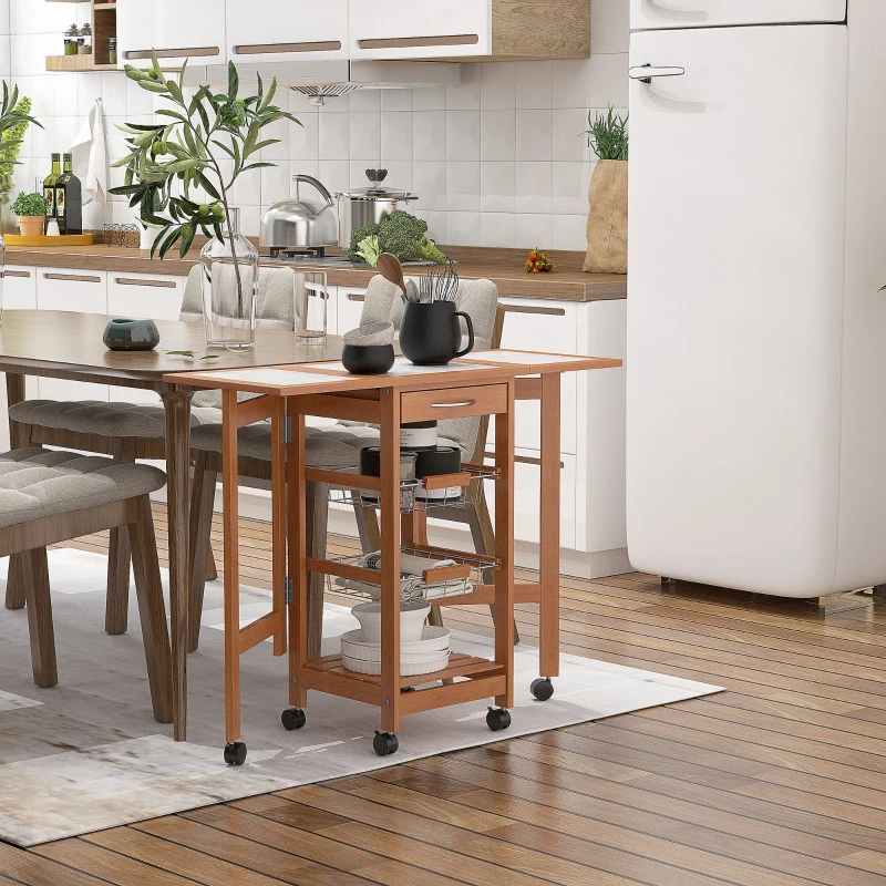 HOMCOM Mesa Auxiliar Cocina 91x37x75 cm Plegable 6 Ruedas 1 Cajón 2 Cestas Carrito Servicio Pino Metal Cromado