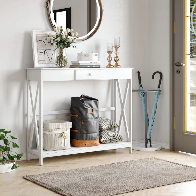 HOMCOM Mesa de Consola de Madera Mesa de Entrada con 1 Cajón y 1 Estante de Almacenaje para Pasillo Salón 100x30x81cm Blanco