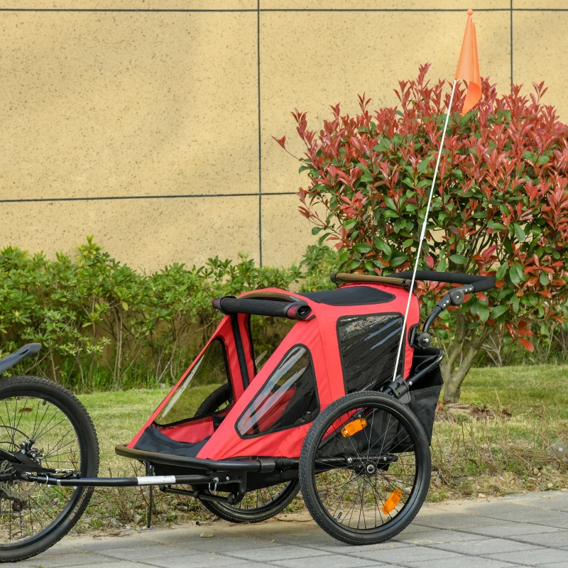 HOMCOM Remolque de Bicicleta 2 en 1 para Niños +18 Meses Plegable Cochecito de Paseo de 2 Plazas con Manillar Ajustable en Altura Bandera y Reflectores 160x83x96 cm Rojo