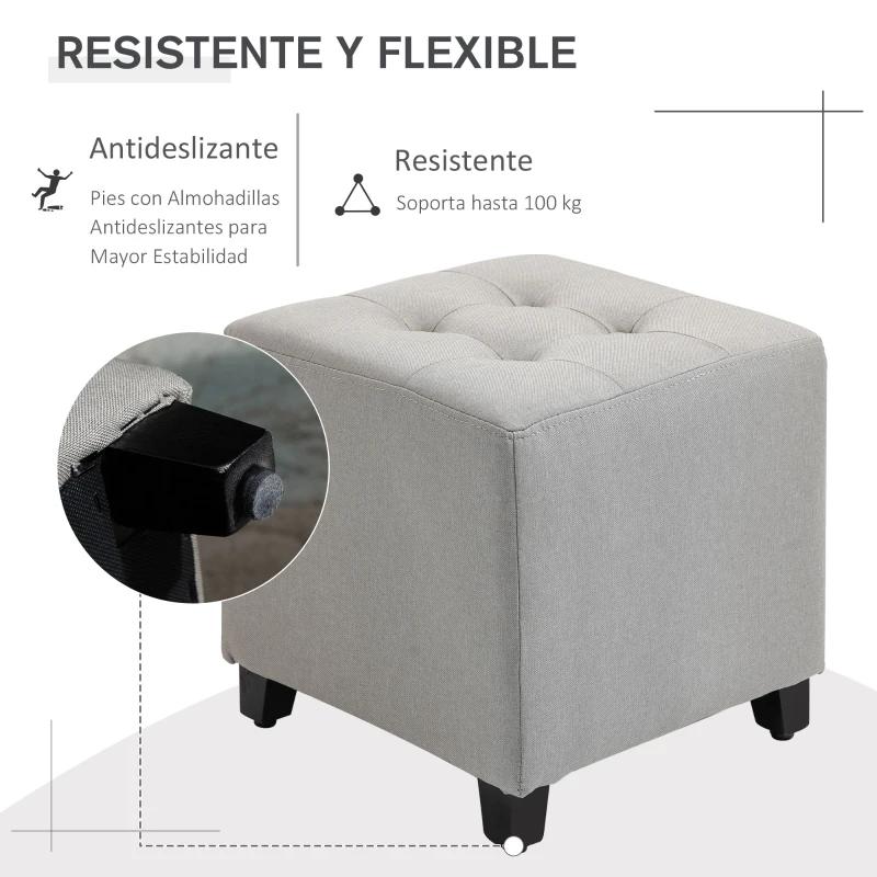 HOMCOM Taburete Bajo Otomana Reposapiés Acolchado con Patas de Madera Maciza Diseño de Botones 35x35x35 cm Gris Claro
